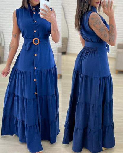 Turn-down Collar Sleeveless Button Front Dress Casual Belted Slit Ruched Maxi Dress