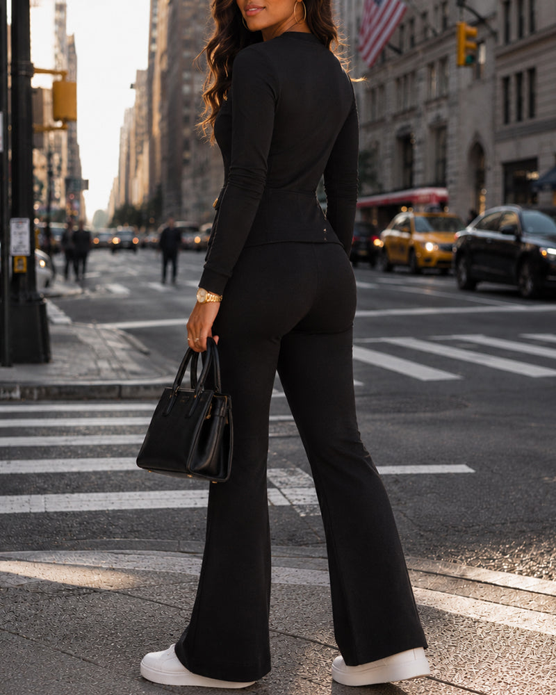 Women's 2 Piece Tracksuit Set Gold Zip Crewneck Jacket and High Waist Flare Pants Set
