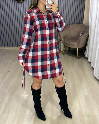 Women's Plaid Shirred Back Waist Shirt Dress Single Breasted Long Sleeve Casual Dress