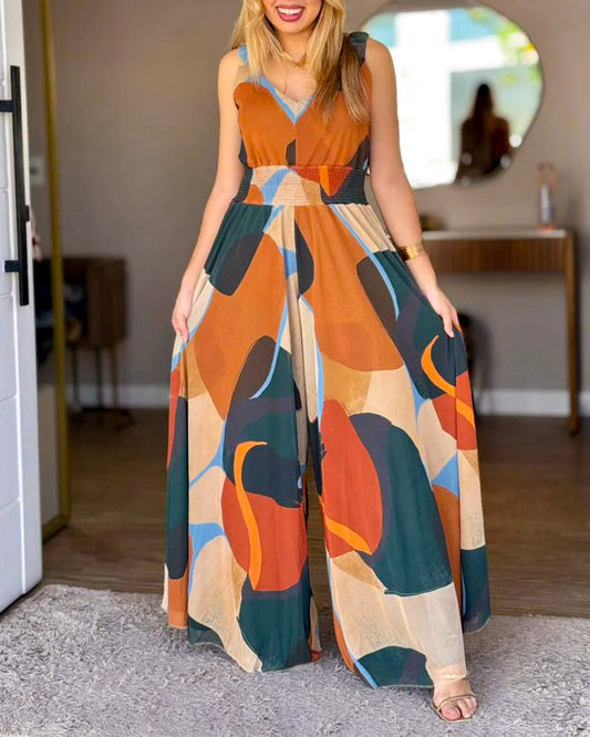 Abstract Print V-Neck Stretchy Thick Straps High Waist Backless Overalls Casual Shirred Waist Cinched Waist Wide Leg Jumpsuit