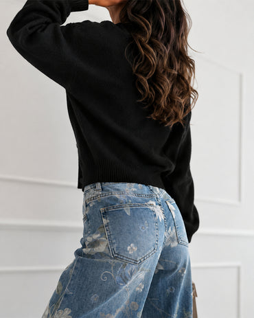 Women's Rhinestone Crewneck Knit Cardigan Button Down Long Sleeve Sweater Top