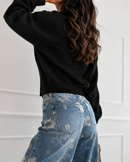 Women's Rhinestone Crewneck Knit Cardigan Button Down Long Sleeve Sweater Top