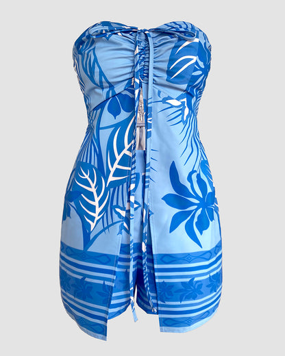 Women's Tropical Print Two Piece Set Drawstring Shirred Slit Top and High Waist Shorts Set Casual Vacation Matching Set