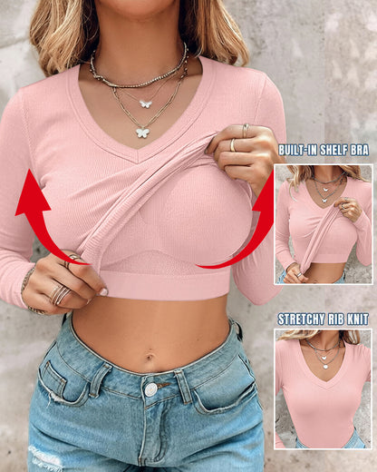 Women's V Neck Long Sleeve Ribbed Knit Top Slim Fit Base Layer Shirt Soft Stretchy Casual Tee with Built-in Bra