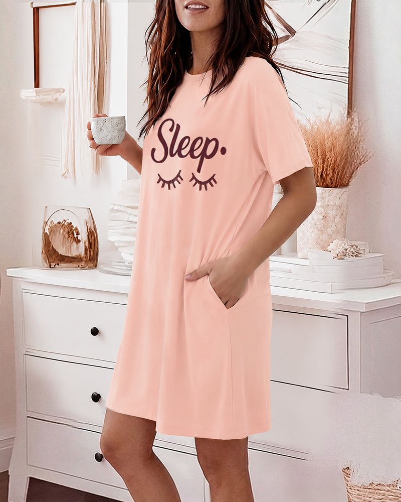 Women's Sleep Letter Print Short Sleeve Nightgown Casual Sleepwear Dress with Pockets