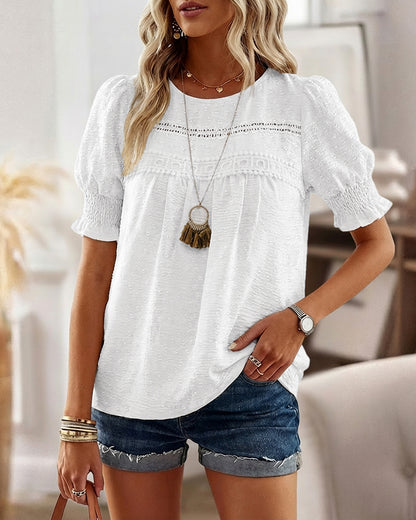Puff Sleeve Hollow-out Lace Spliced 3D Jacquard Blouse Casual Shirred Cuffs Loose Fit Top