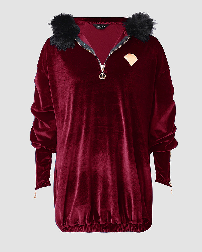 Velvet Fuzzy Trim Hooded Mini Dress Long Sleeve Zipper Design Sweatshirt Pullover Casual Dress