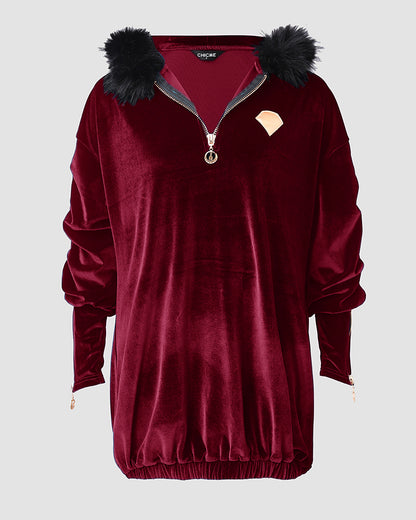 Velvet Fuzzy Trim Hooded Mini Dress Long Sleeve Zipper Design Sweatshirt Pullover Casual Dress