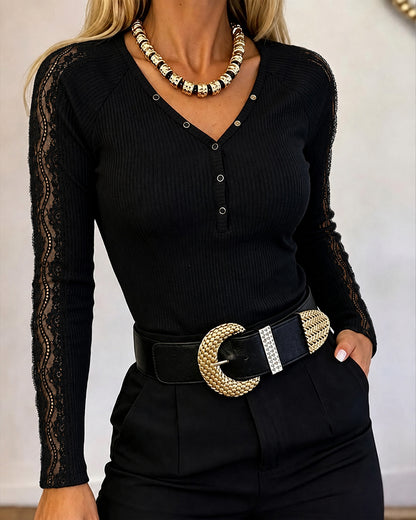 Women's Lace Spliced Long Sleeve V Neck Ribbed Knit Top