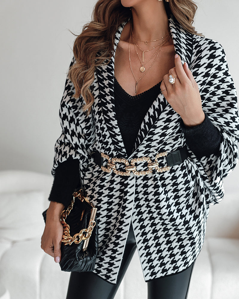 Houndstooth Print Versatile Loose Fit Sweater Coat Casual Warm Cape Shawl