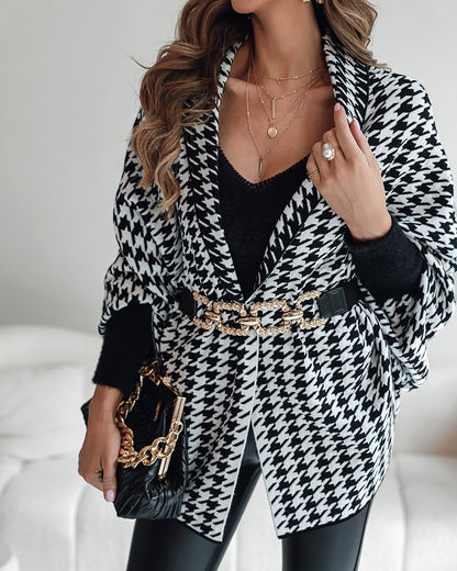 Houndstooth Print Versatile Loose Fit Sweater Coat Casual Warm Cape Shawl