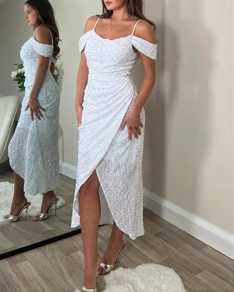 Women's Allover Sequin Cold Shoulder Wrap Slit Dress Elegant Ruched Party Evening Gown