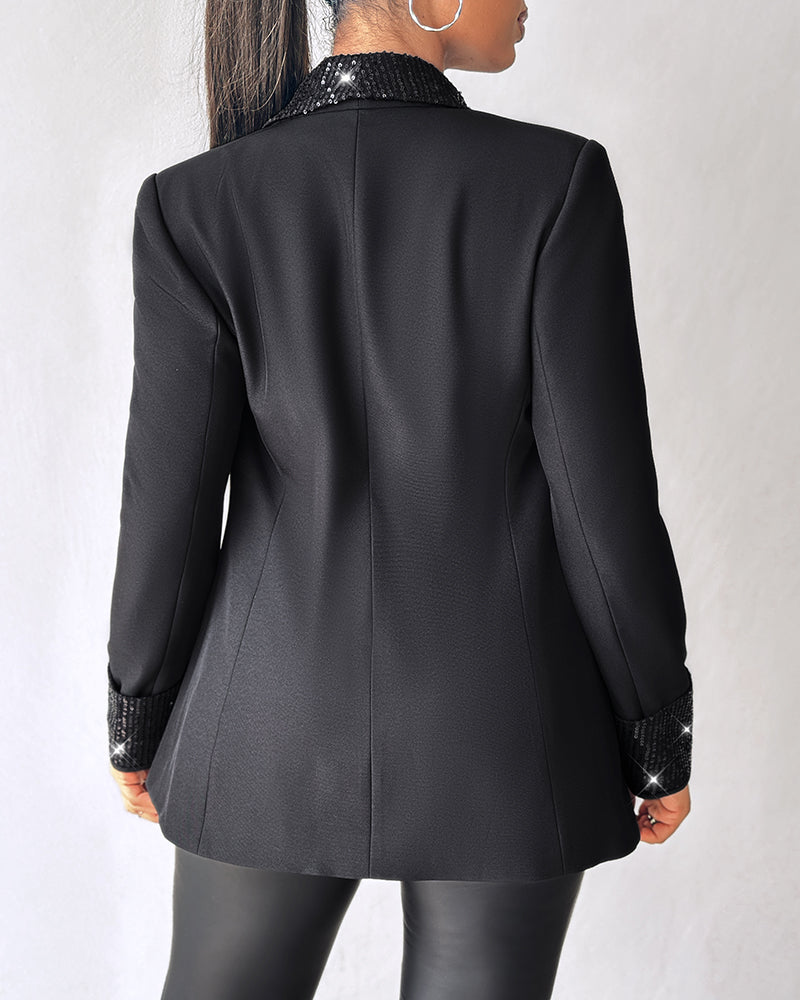 Contrast Sequin Shawl Collar Blazer Coat Button Front Long Sleeve Coat