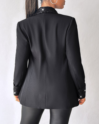 Contrast Sequin Shawl Collar Blazer Coat Button Front Long Sleeve Coat