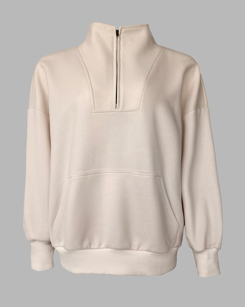 High Neck Half Zip Long Sleeve Kangaroo Pocket Sweatshirt Casual Drop Shoulder Top