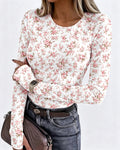 Women's Ditsy Floral Print Crew Neck Long Sleeve Slim Fit Top with Thumbholes
