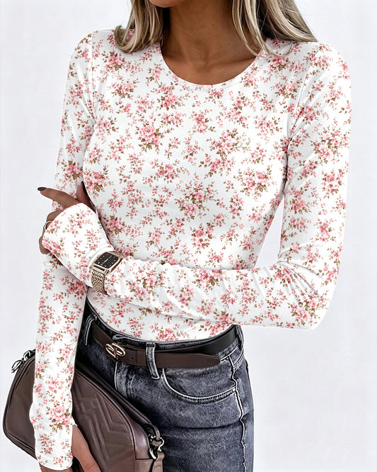 Women's Ditsy Floral Print Crew Neck Long Sleeve Slim Fit Top with Thumbholes