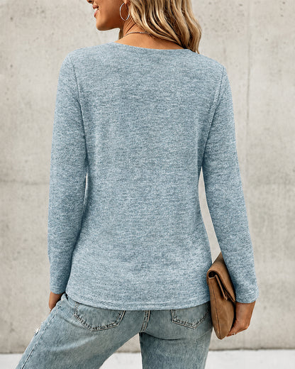 Women's Pleated V Neck T-Shirt Long Sleeve Button Decor Tee Casual Layering Top