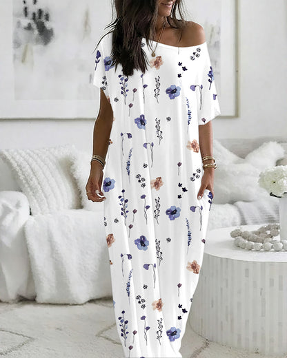 Floral Print Skew Neck Short Sleeve Maxi Nightdress Casual Loose Fit Loungewear with Pockets