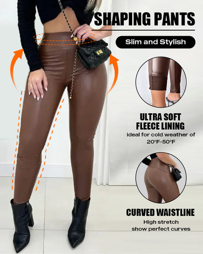 Chicme Curveease Pu Leather Leggings High Waist Curved Fleece Lined Tights Casual Pants