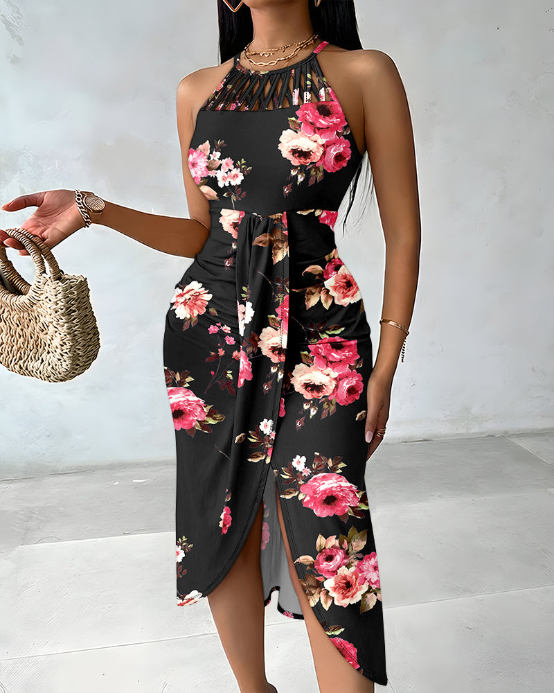 Vintage Floral Print Halter Tie Hollow-out Criss Cross Spliced Front Ruched Dress Casual Draped Slit Front Vacation Dress