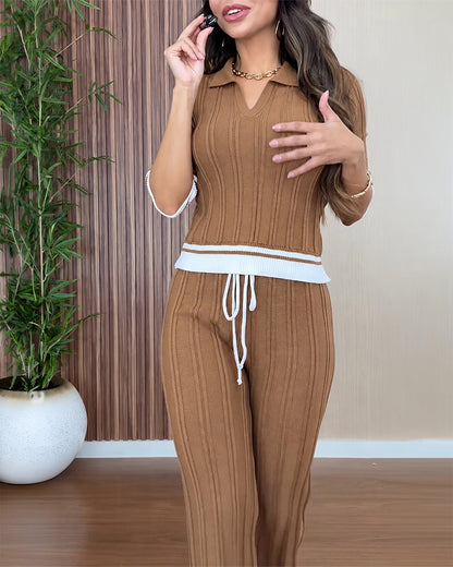 Women's Contrast Binding Two Piece Knit Set Short Sleeve Top and Drawstring Straight Leg Pants Casual Loungewear