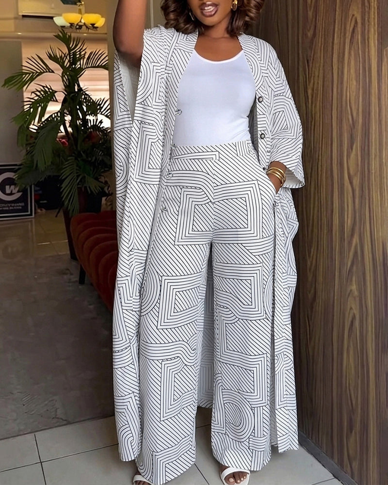 Women's Geometric Print 2 Piece Outfits Batwing Sleeve Loose Longline Cardigan and High Waisted Wide Leg Pants Set