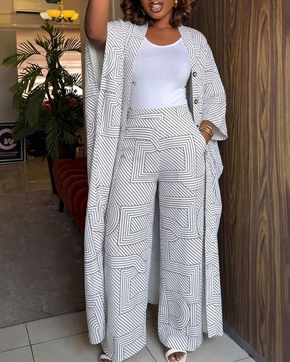 Women's Geometric Print 2 Piece Outfits Batwing Sleeve Loose Longline Cardigan and High Waisted Wide Leg Pants Set