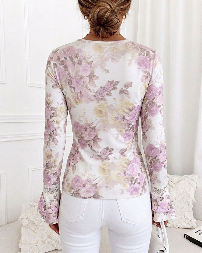 Women's French Floral Print Slim Fit Top Lace V Neck Double Layer Flared Cuffs Soft Stretch Knit Blouse