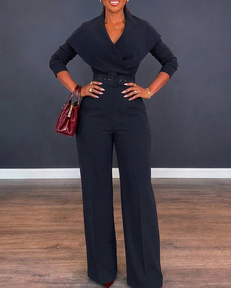 Women's Lapel Wrap V-Neck Long Sleeve High-Waist Wide-Leg Jumpsuit with Belt