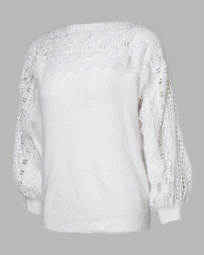Crewneck Guipure Lace Long Sleeve Hollow Out Knit Sweaters Pullover Tops