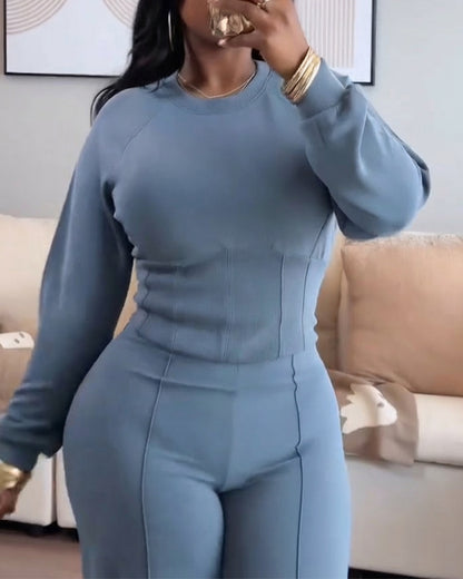 2 Pieces Outfit O-neck Long Sleeve Cinched Waist Sweatshirt and Elastic Waist Wide Leg Pants Set Casual Seam Design Sweatpants Set