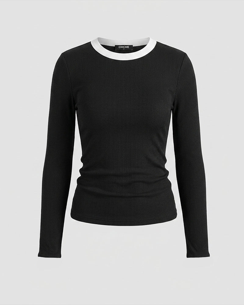 Women's Ribbed Long Sleeve Top Contrast Trim Crew Neck Fitted T Shirt