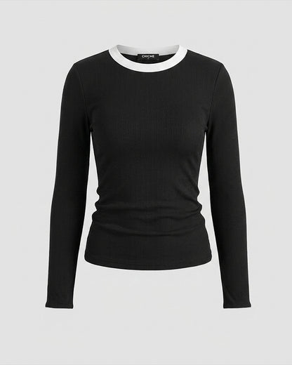 Women's Ribbed Long Sleeve Top Contrast Trim Crew Neck Fitted T Shirt