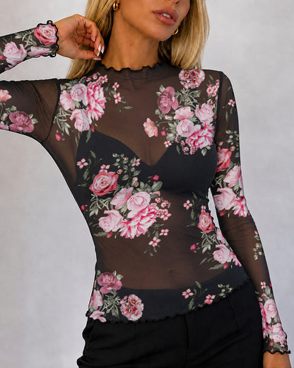 Women's Sheer Mesh Vintage Floral Print Mock Neck Frill Trim Long Sleeve Top