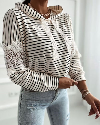 Striped Contrast Floral Lace Patchwork Long Sleeve Pullover Casual Lace Drawstring Hoodie Sweatshirt