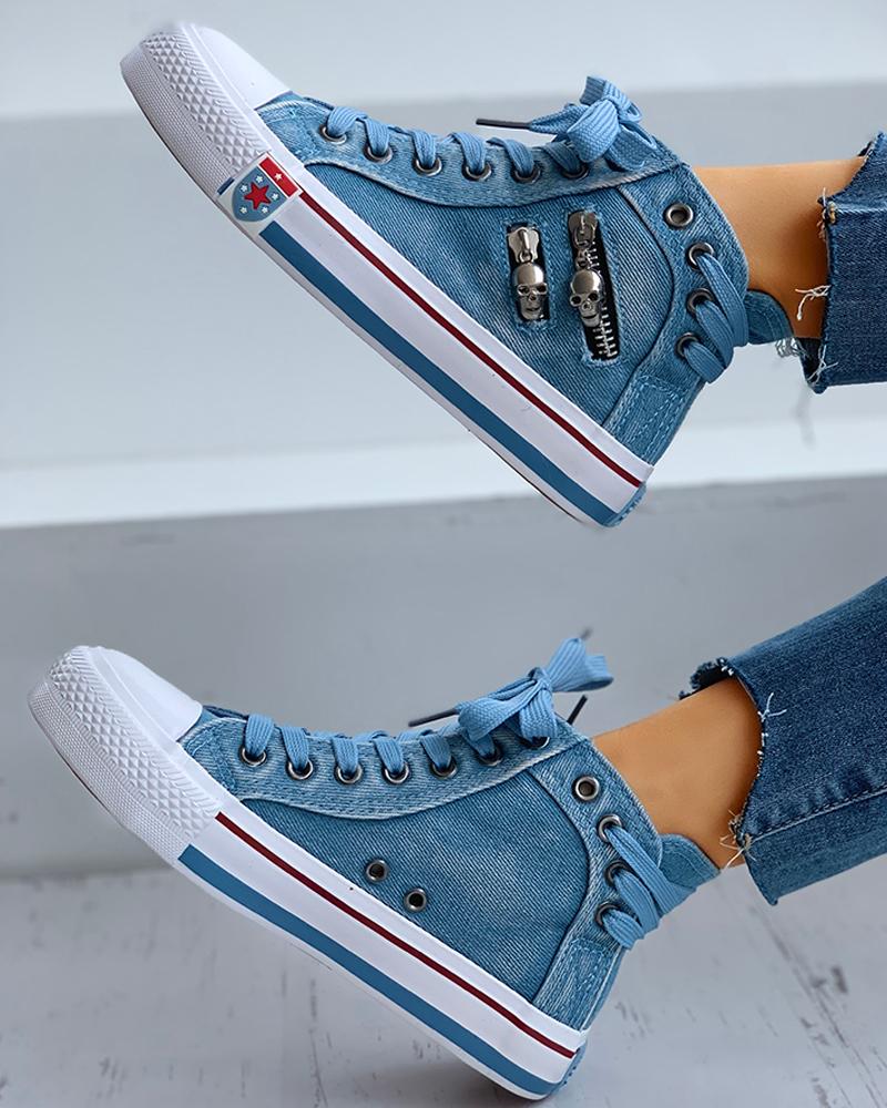 Lace-Up Skeleton Zipper Detail Casual Sneakers