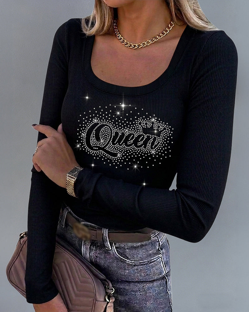 Women's Square Neck Long Sleeve Top Rhinestone Queen Letter Graphic Ribbed Knit Shirt Slim Fit Casual Sparkly Tee