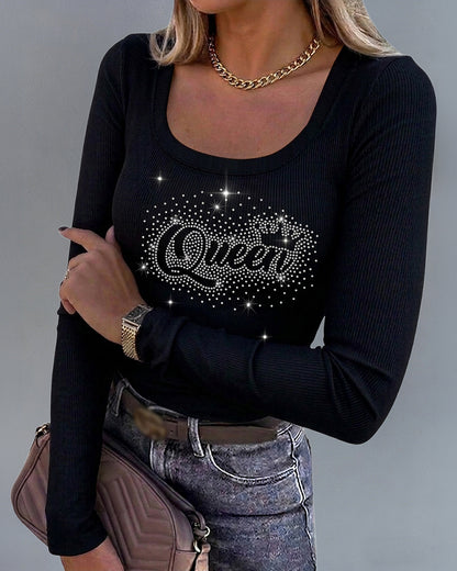Women's Square Neck Long Sleeve Top Rhinestone Queen Letter Graphic Ribbed Knit Shirt Slim Fit Casual Sparkly Tee