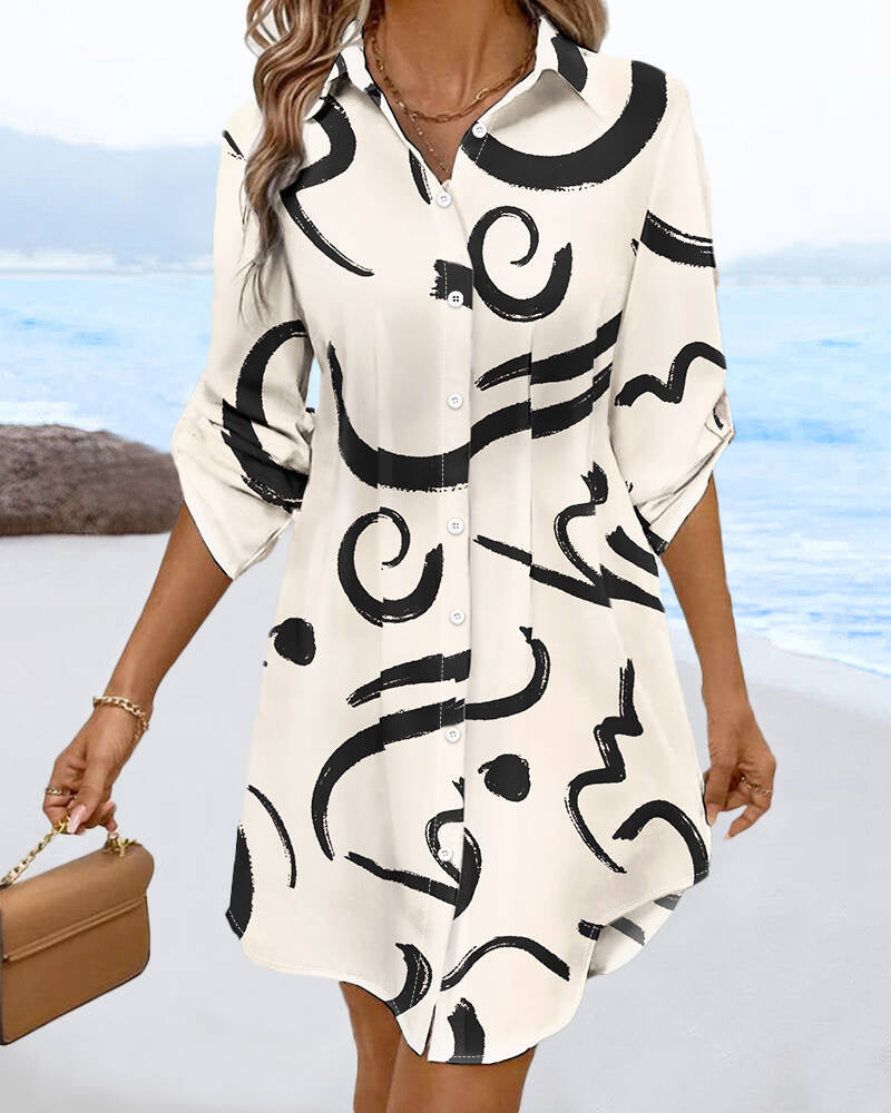 Abstract Print Turn-down Collar Turn-Up Sleeves Shirred Back Dress Casual Button Down Cinched Waist Curved Hem Shirt Dress