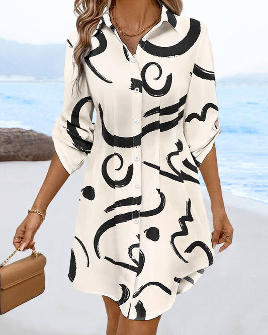 Abstract Print Turn-down Collar Turn-Up Sleeves Shirred Back Dress Casual Button Down Cinched Waist Curved Hem Shirt Dress