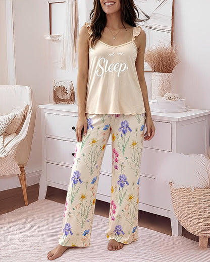 Women's Frill Trim Cami Pajama Set Letter Ruffle Spaghetti Strap Top and Floral Wide Leg Pants Casual Lounge Set with Pockets