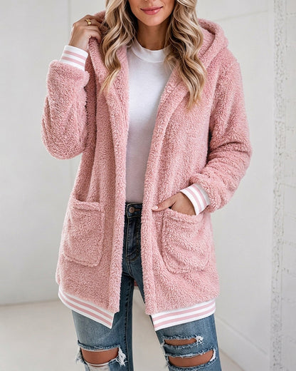 Women's Sherpa Fleece Hooded Jacket Open Front Striped Trim Fuzzy Outerwear Coat