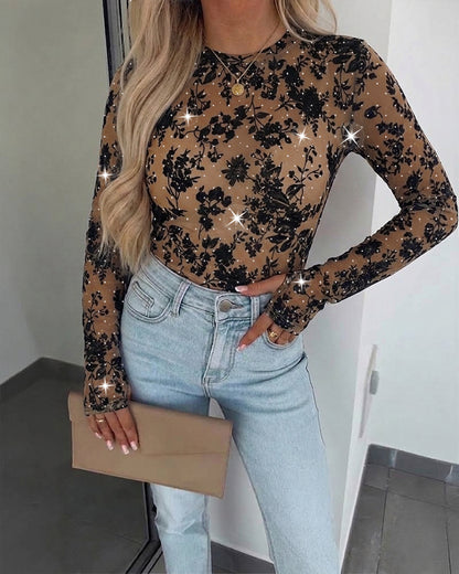 Women's Rhinestone Flocking Floral Sheer Mesh Top Fitted Long Sleeve Tee with Thumb Holes