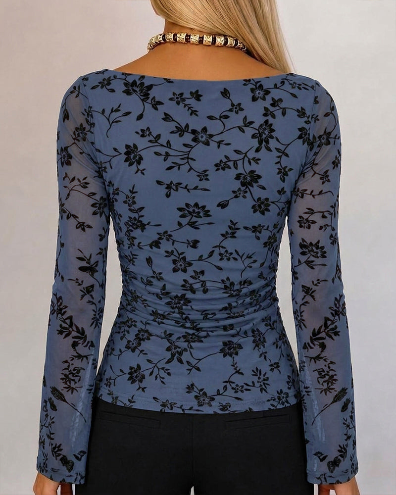 Women's Vintage Flocked Floral Mesh Top Boat Neck Ruched Flare Long Sleeve Tee