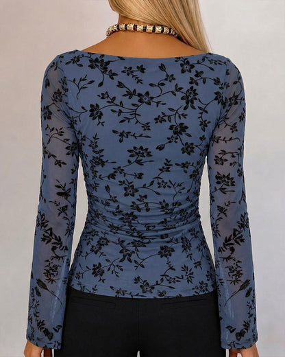 Women's Vintage Flocked Floral Mesh Top Boat Neck Ruched Flare Long Sleeve Tee