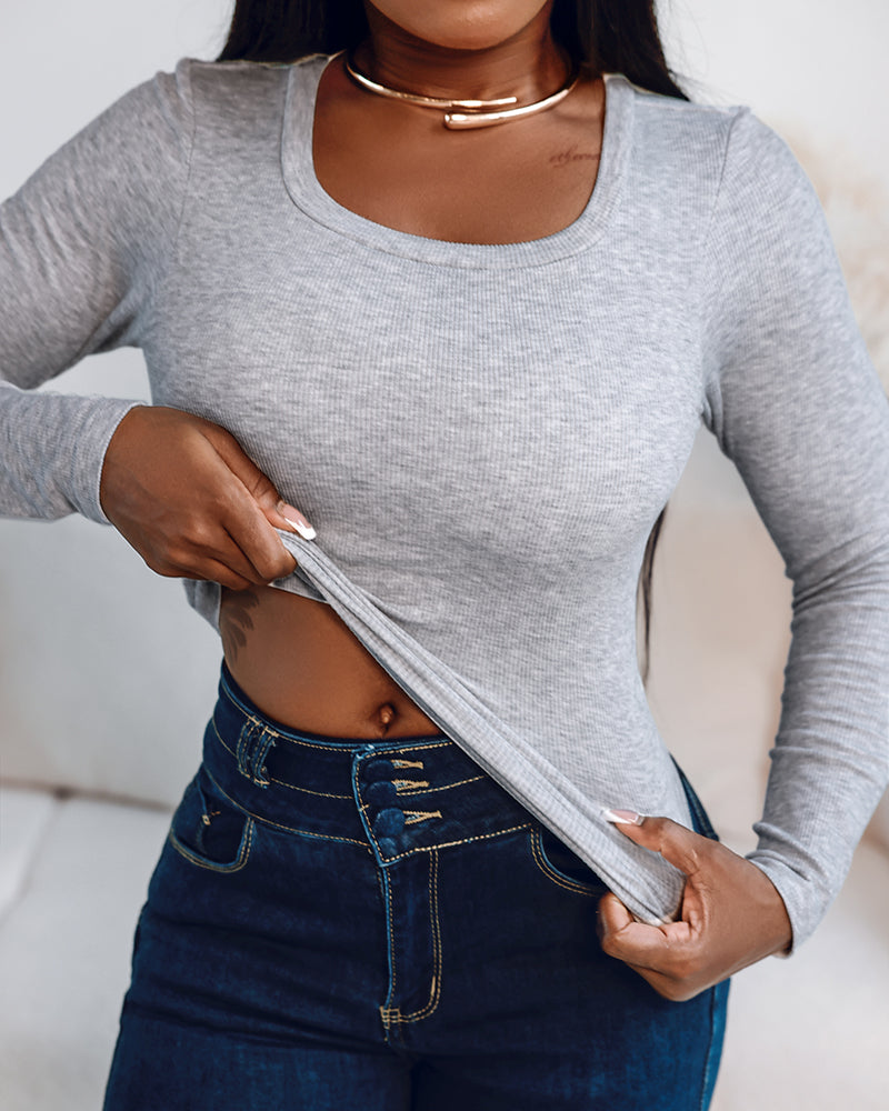 Built In Bra U Neck Tee High Stretchy Knit T-Shirt Long Sleeve Top