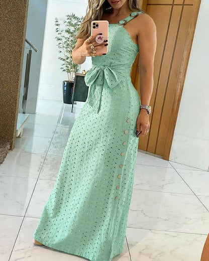 Women's Eyelet Embroidery Maxi Dress Backless Side Slit Slip Dress Tie Waist Bohemian Long Dress