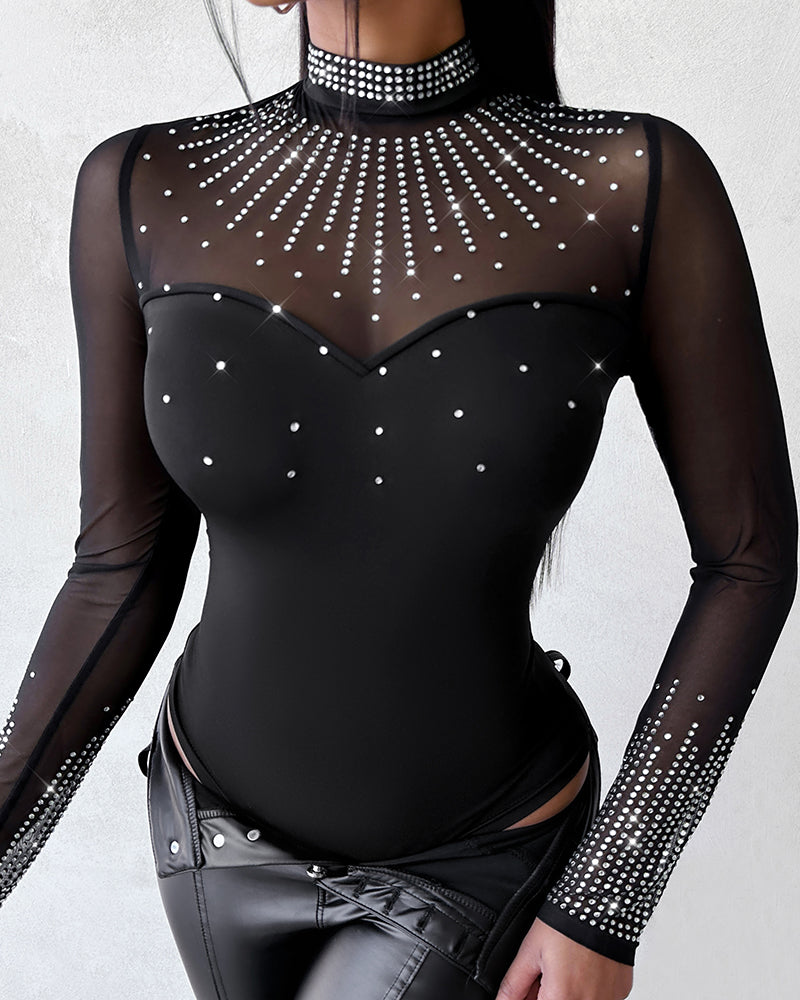 Rhinestone Decor Sheer Mesh Patch Bodysuit