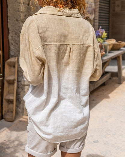 Ombre Turn-down Collar Roll Up Sleeve Half Button Front Shirt Casual Pocket Design Loose Fit Top